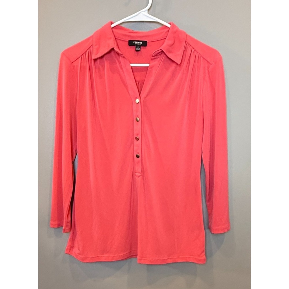 Premise Studio Women's Small Coral Collared Henley Blouse Top